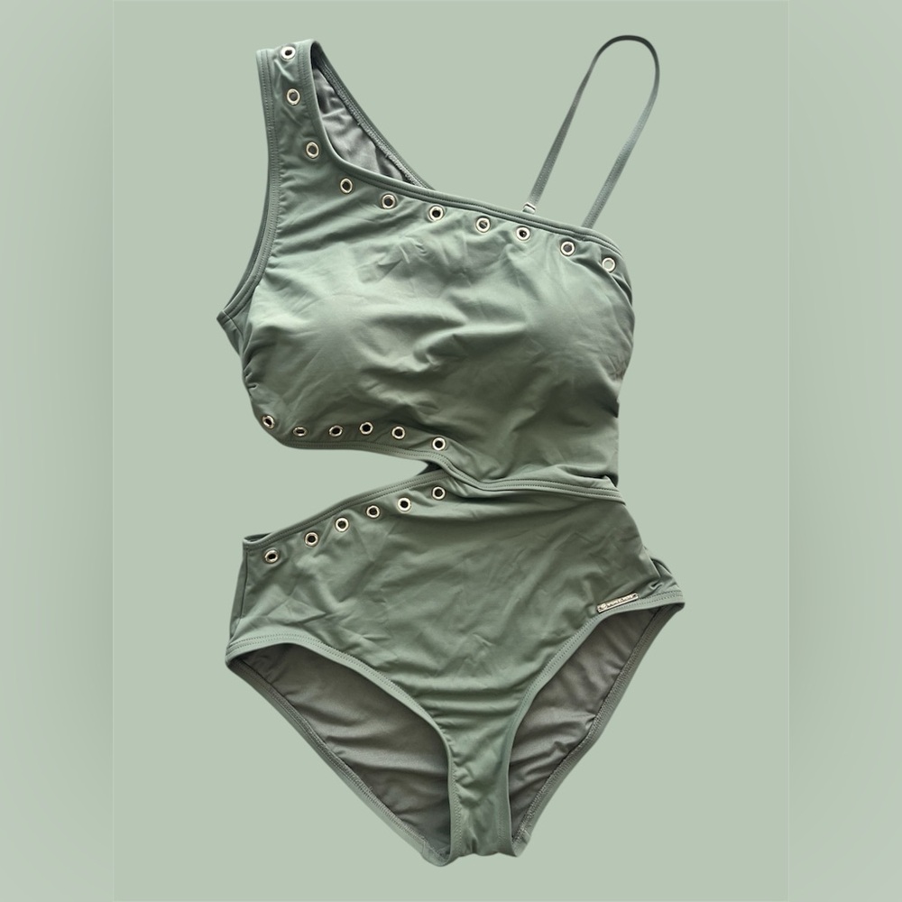 Michael Kors One Shoulder Cutout Swimsuit Olive Green Gold Grommets Small